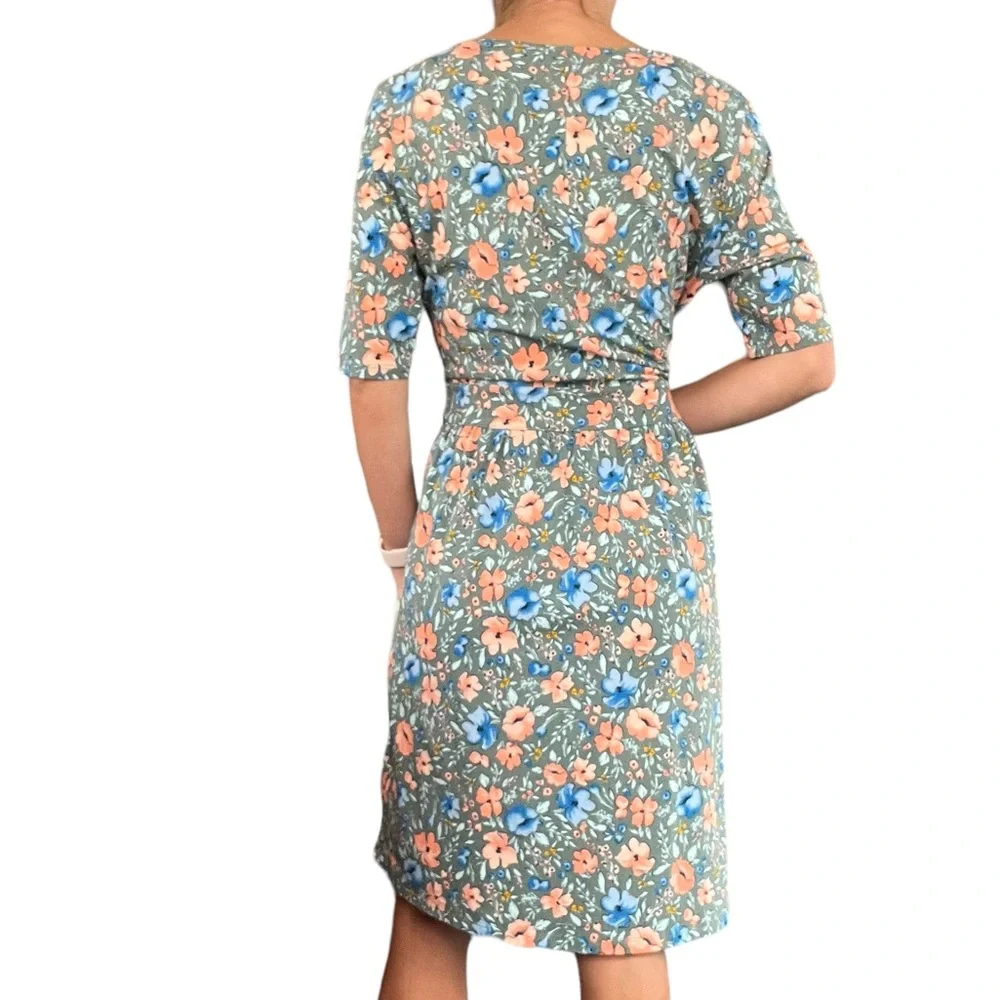 Lands’ End Womens Medium Gray Blue Orange Floral Short Sleeve Midi T-shirt Dress - Picture 16 of 16